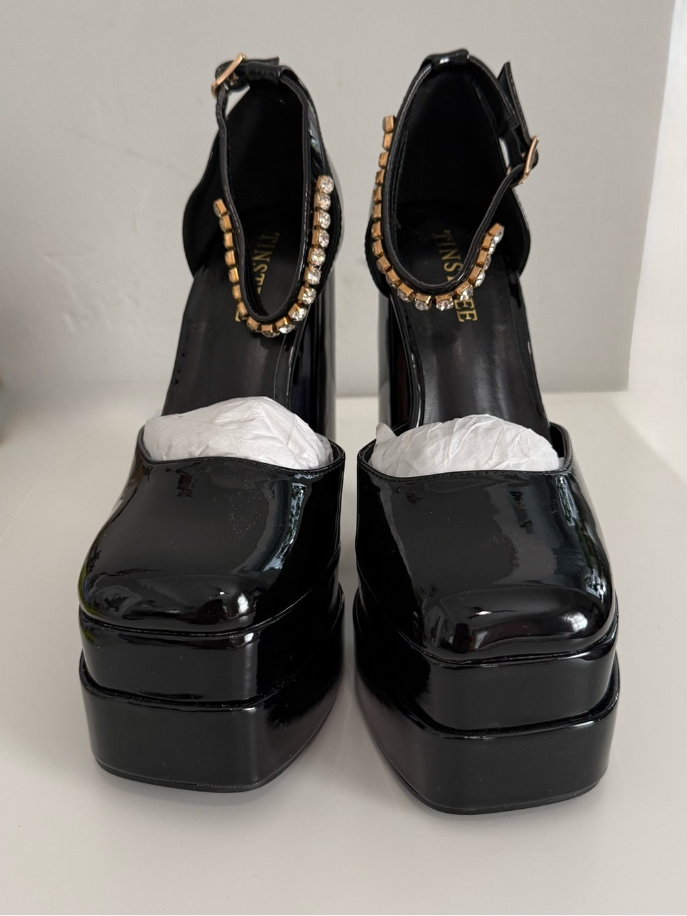 NWOB Patent Platform Block Heels with Rhinestone Ankle Strap - Black Size 9